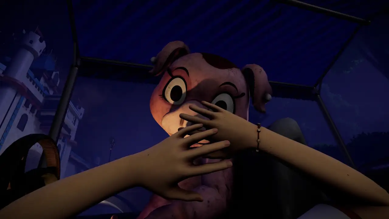 Steam store screenshot of the park castle and mascot standee at night