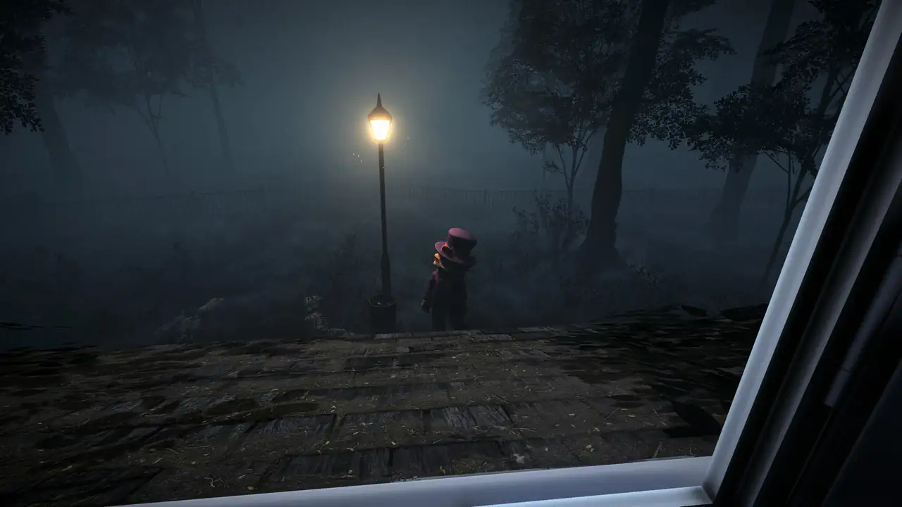 Steam store screenshot of the Eliot mascot under a lamp in fog