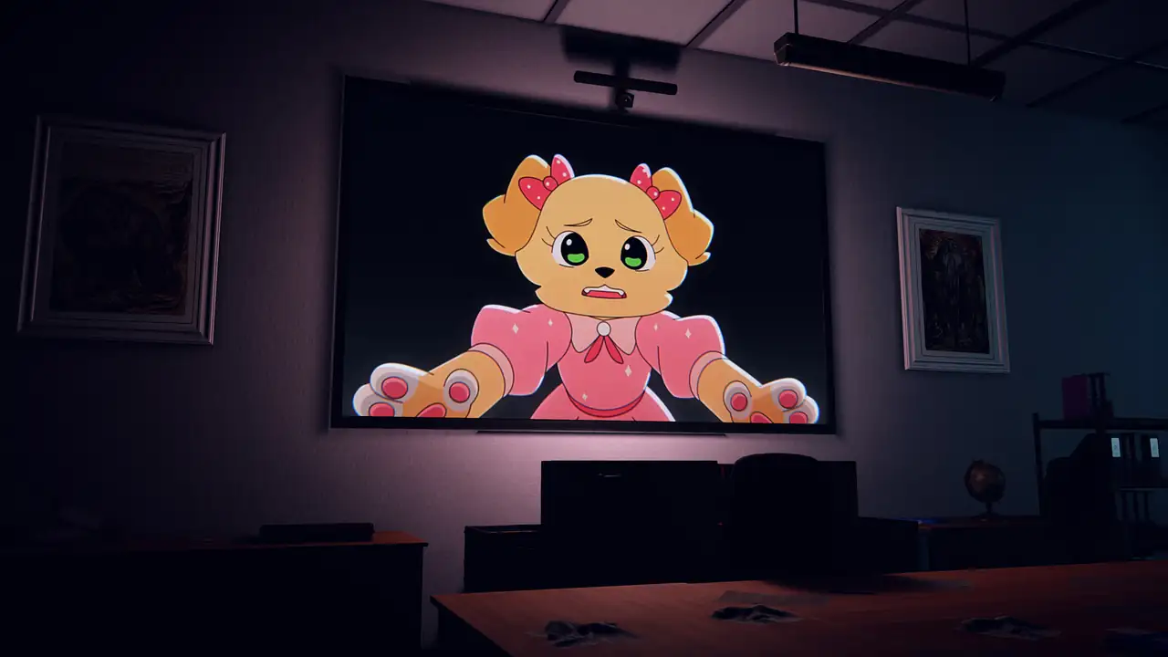 Steam store screenshot of an office screen showing a cartoon of Ella
