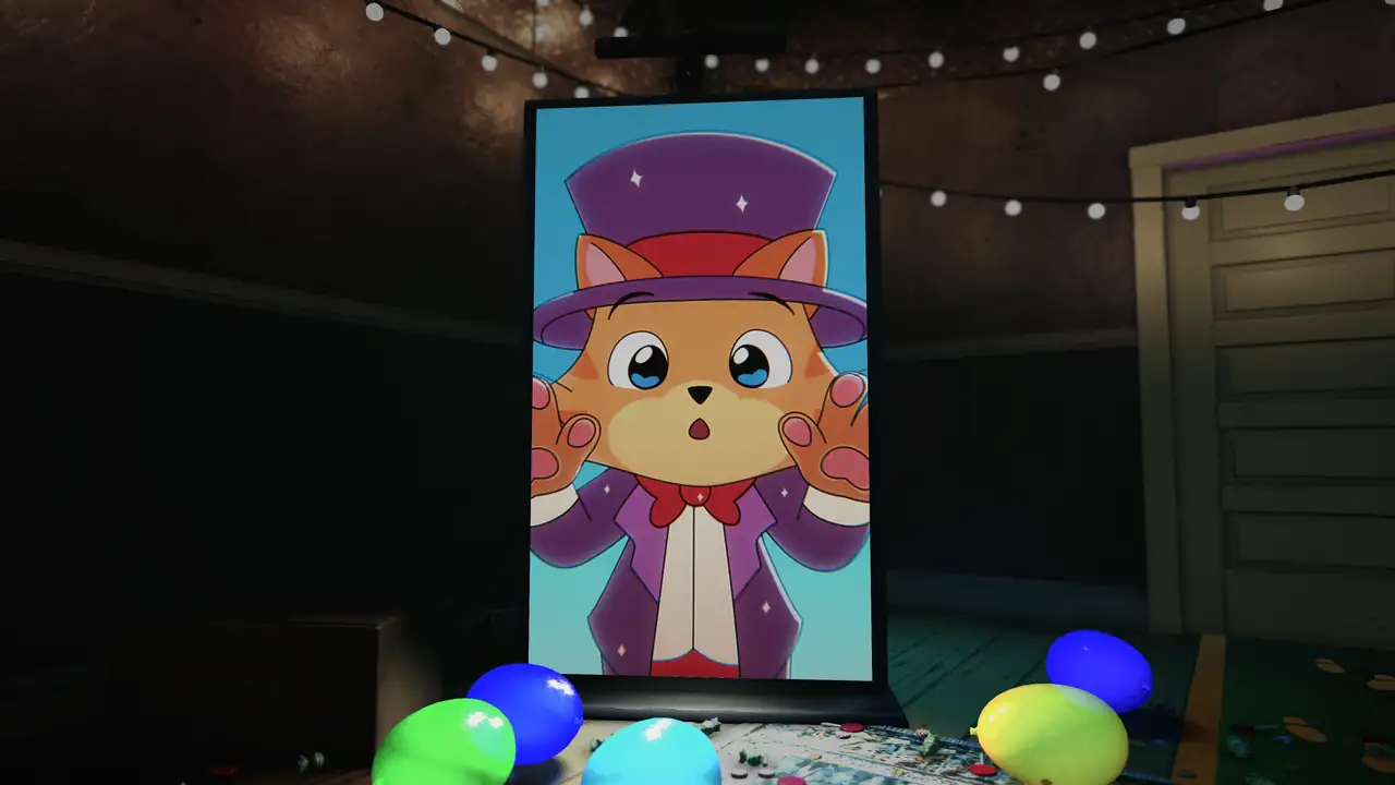 Steam store screenshot of a party room with an Eliot poster and balloons
