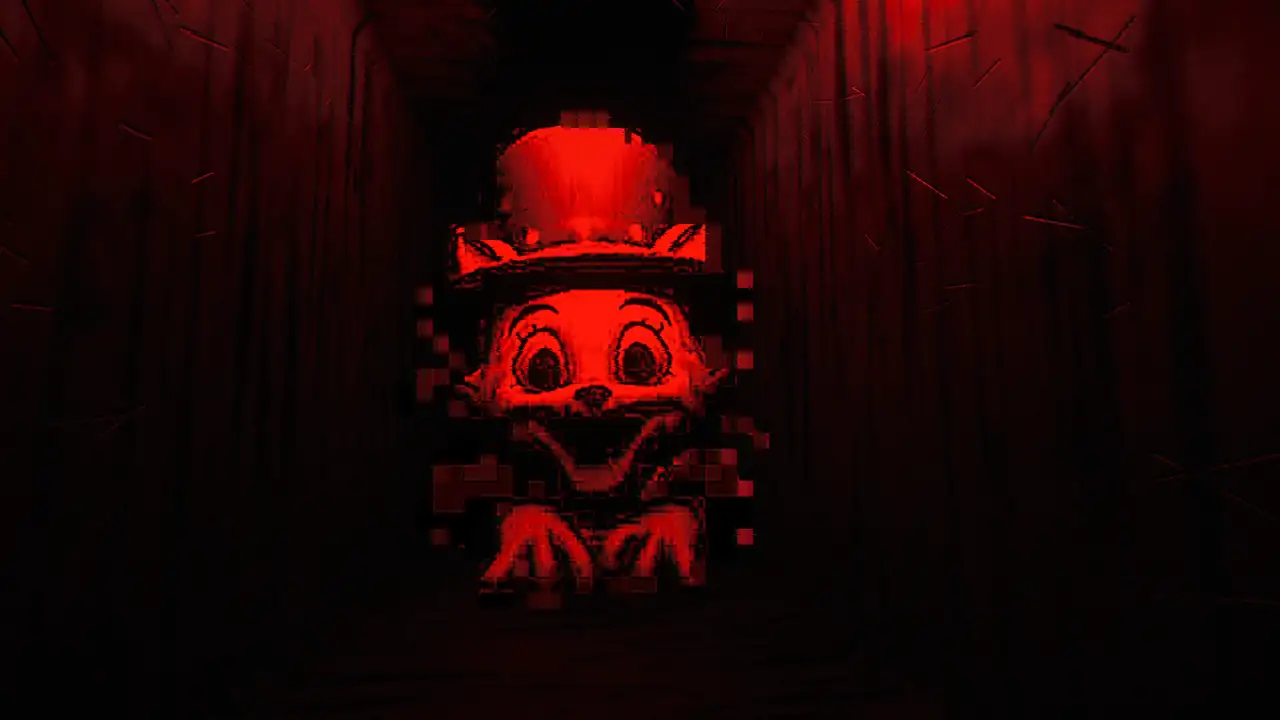 Steam store screenshot of a red corridor with a pixelated Eliot figure